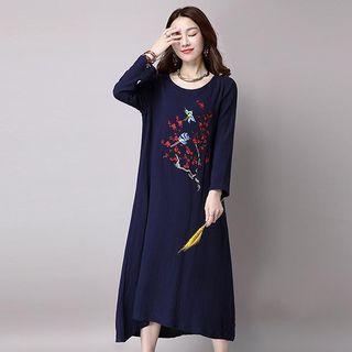 Bird Embroidered Long Sleeve Midi Dress