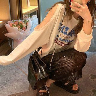Off-shoulder Long-sleeve Lettering Tee