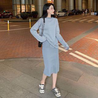 Striped Knit Top / Midi A-line Skirt