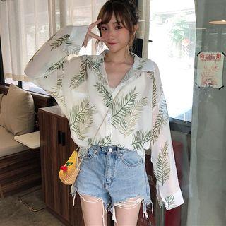 Long-sleeve Leaf-print Sheer Shirt