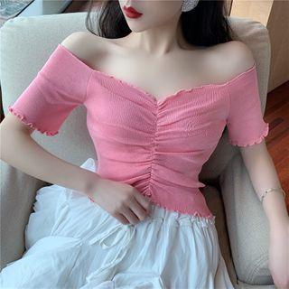 Lettuce Edge Off-shoulder Shirred Knit Cropped Top