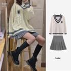 Logo Embroidered V-neck Sweater / Pleated Mini A-line Skirt