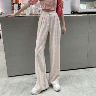 High-waist Color-block Plaid Wide-leg Pants