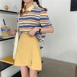 Short-sleeve Striped Collared T-shirt / Asymmetrical Mini Pencil Skirt