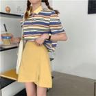 Short-sleeve Striped Collared T-shirt / Asymmetrical Mini Pencil Skirt
