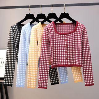 Plaid Button-up Knit Crop Top