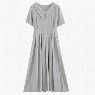Short-sleeve Collared Pleated Midi A-line Dress
