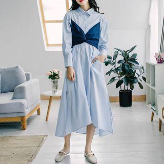 Mock Two Piece Long-sleeve Midi Shirt Dress