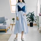 Mock Two Piece Long-sleeve Midi Shirt Dress