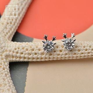 Rhinestone Deer Stud Earring One Pair - 925 Sterling Silver - Rhinestone Deer Stud Earring - One Size