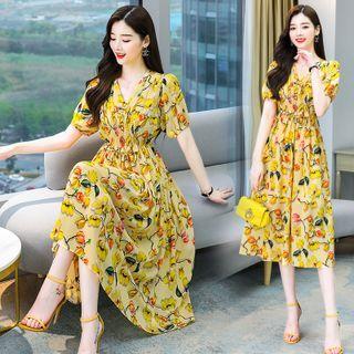 Short Sleeve V-neck Floral Print Gather Waist A-line Dress