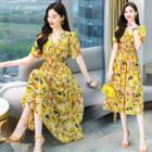 Short Sleeve V-neck Floral Print Gather Waist A-line Dress