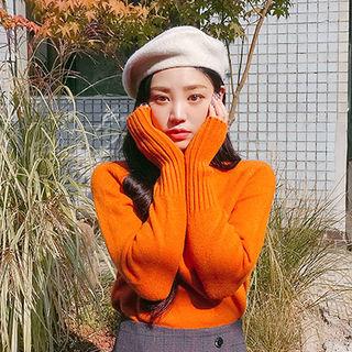 Turtle-neck Raglan-sleeve Colored Sweater