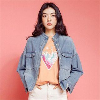 Mandarin-collar Fray-hem Denim Shirt Light Blue - One Size