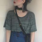 Striped Short-sleeve T-shirt With Frilled Choker