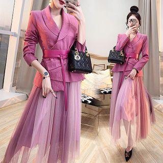 Set: Pinstriped Blazer + Midi Mesh Skirt