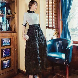 Set: Color Block Blouse + Lace Maxi Skirt