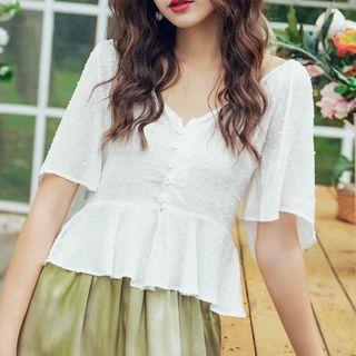 Open Back Elbow-sleeve Peplum Top White - One Size