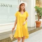 V-neck Ruffle-hem Linen Blend Dress