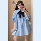 Puff-sleeve Drawstring Bow Shirtdress Blue - One Size