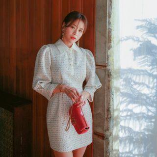 Contrast-collar Tweed Mini Sheath Dress