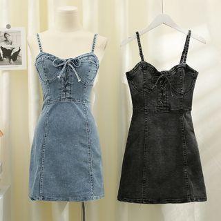 Lace-up Denim Sleeveless Mini Dress