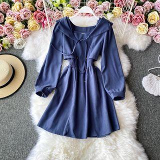 Square-neck Drawstring Puff Long-sleeve A-line Dress