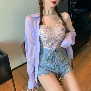 Floral Print Camisole Top / Washed Denim Shorts / Plain Shirt