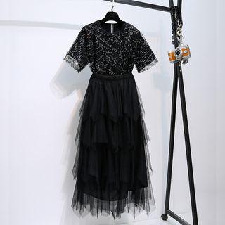 Set: Short-sleeve Sequined Mesh T-shirt + A-line Midi Tiered Skirt