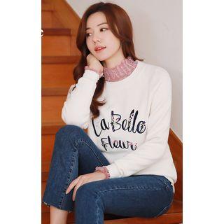 Letter Flower-embroidered Knit Top