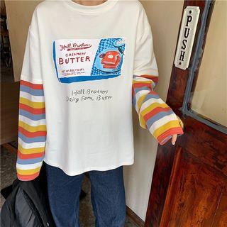Mock Two-piece Long-sleeve Color Block Paneled Printed T-shirt