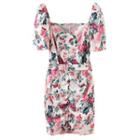 Short-sleeve Floral Print Belted Bodycon Dress