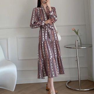 Printed Long-sleeve Tie-waist A-line Midi Dress