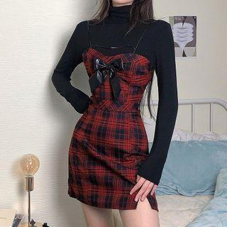 Spaghetti Strap Bow-accent Plaid Mini Sheath Dress