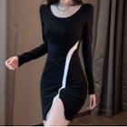 Long-sleeve Two-tone Slit Mini Sheath Dress