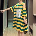 Lettering Cold-shoulder Elbow-sleeve T-shirt Dress