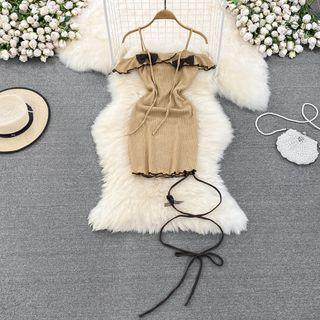 Off Shoulder Lace Up Ruffle Halter Sheath Dress