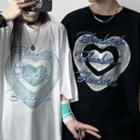Couple Matching Elbow-sleeve Heart Print Lettering T-shirt