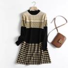 Long-sleeve Geometric Pattern Knit A-line Dress Black & Yellow - One Size