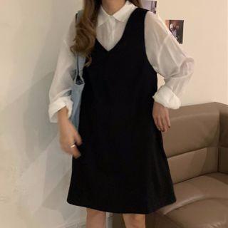 Plain Shirt / V-neck Mini A-line Pinafore Dress