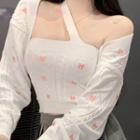 Halter-neck Bow Embroidered Knit Camisole Top / Cardigan