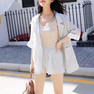 Set: Elbow-sleeve Striped Blazer + Shorts