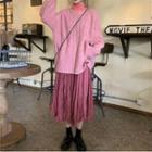 Plain Loose-fit Sweater / Turtle-neck Long-sleeve Top / Ruched Skirt