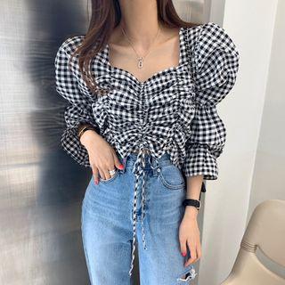 Puff-sleeve Plaid Blouse Black - One Size