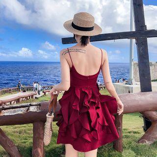 Plain Spaghetti Strap Ruffle Mini A-line Dress