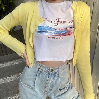 Short-sleeve Beach Print Cropped T-shirt / Cardigan