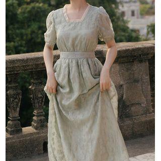 Short-sleeve Square-neck Lace Trim Midi Dress
