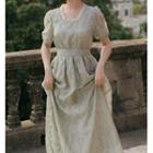 Short-sleeve Square-neck Lace Trim Midi Dress