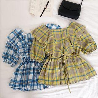 Color-block Plaid Lace-up Ruffled-trim Blouse