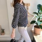 Balloon-sleeve Asymmetric-hem Stripe T-shirt